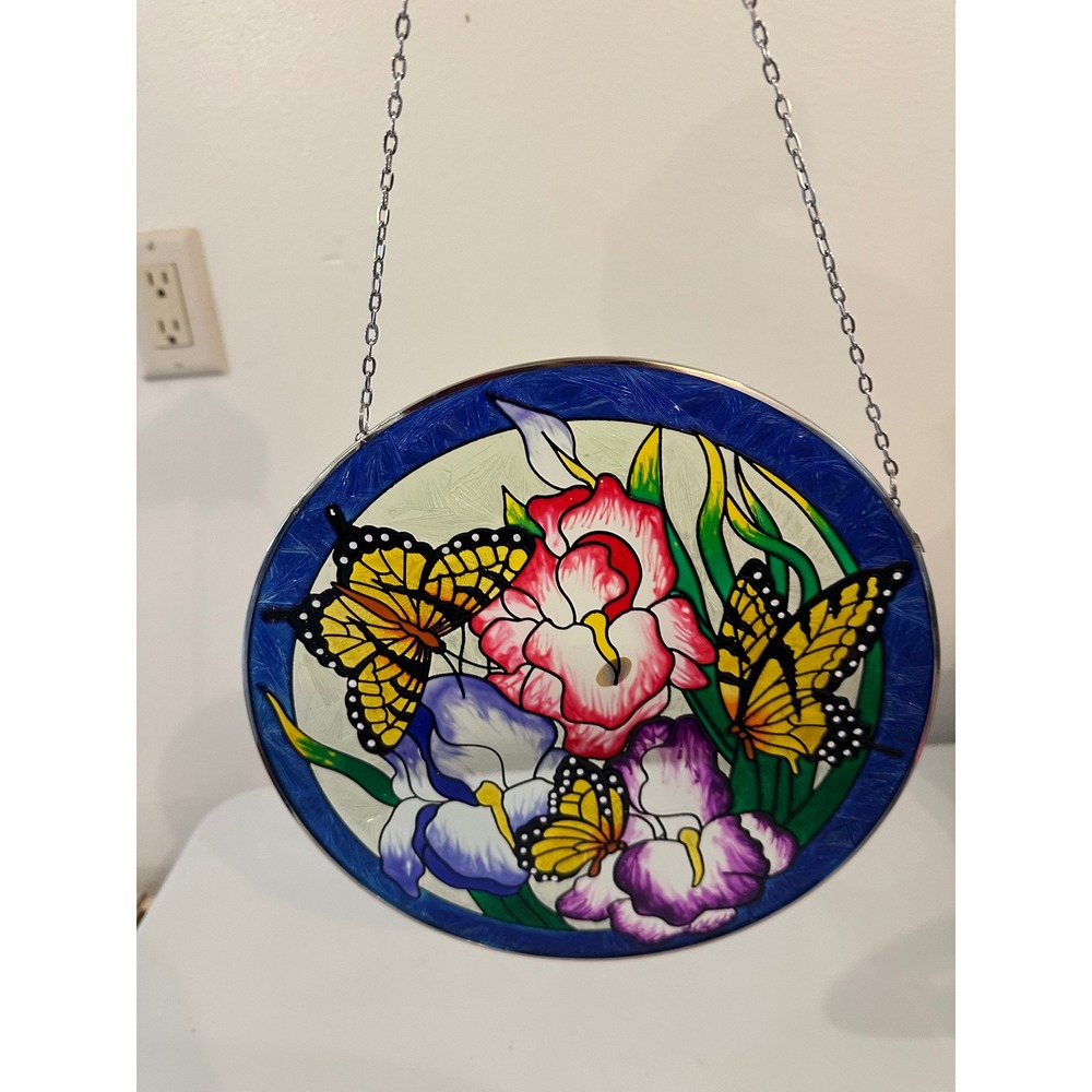 Vintage Style Butterfly and Floral Glass Suncatcher Window Hanging 9.5 Inch